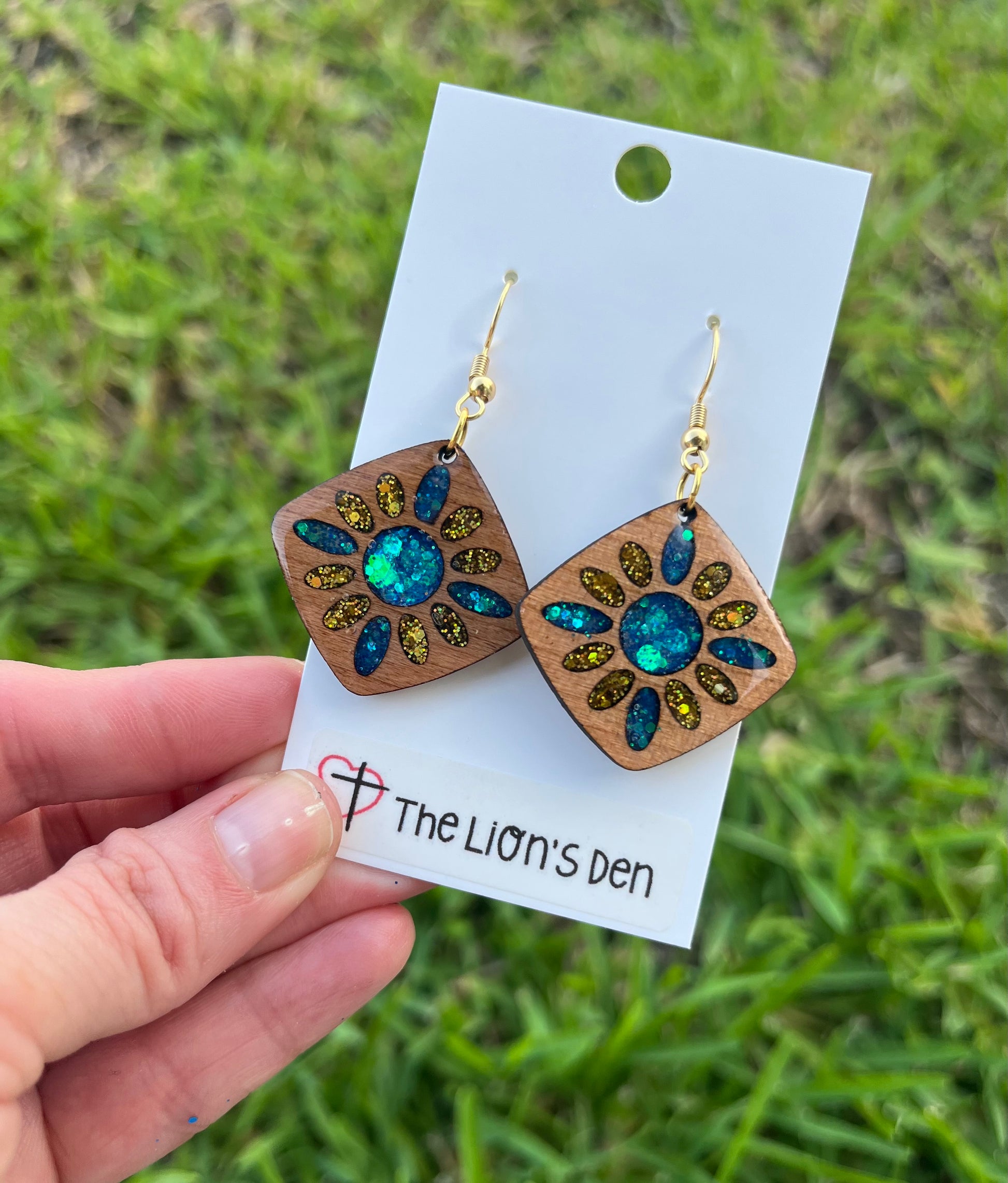 Blue and gold sunburst earrings