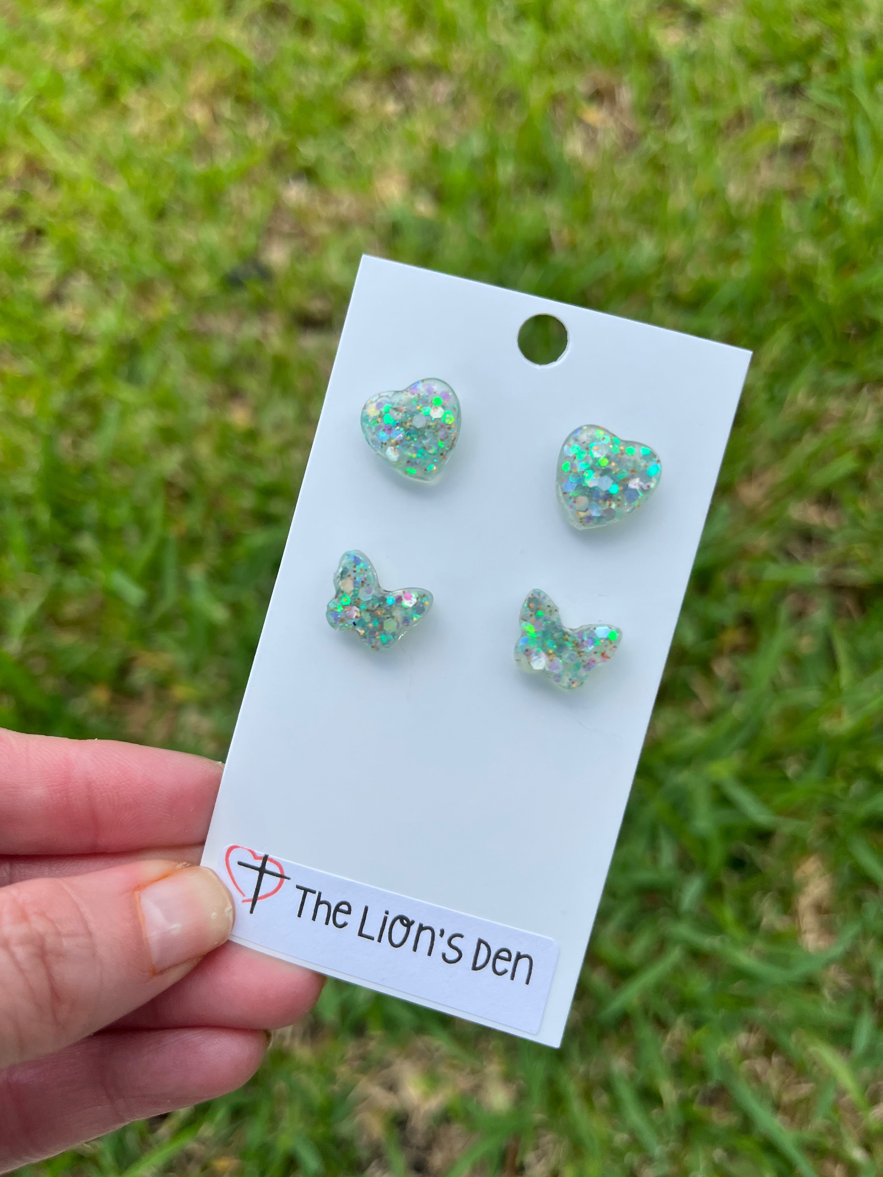 Sea green heart and butterfly stud earrings