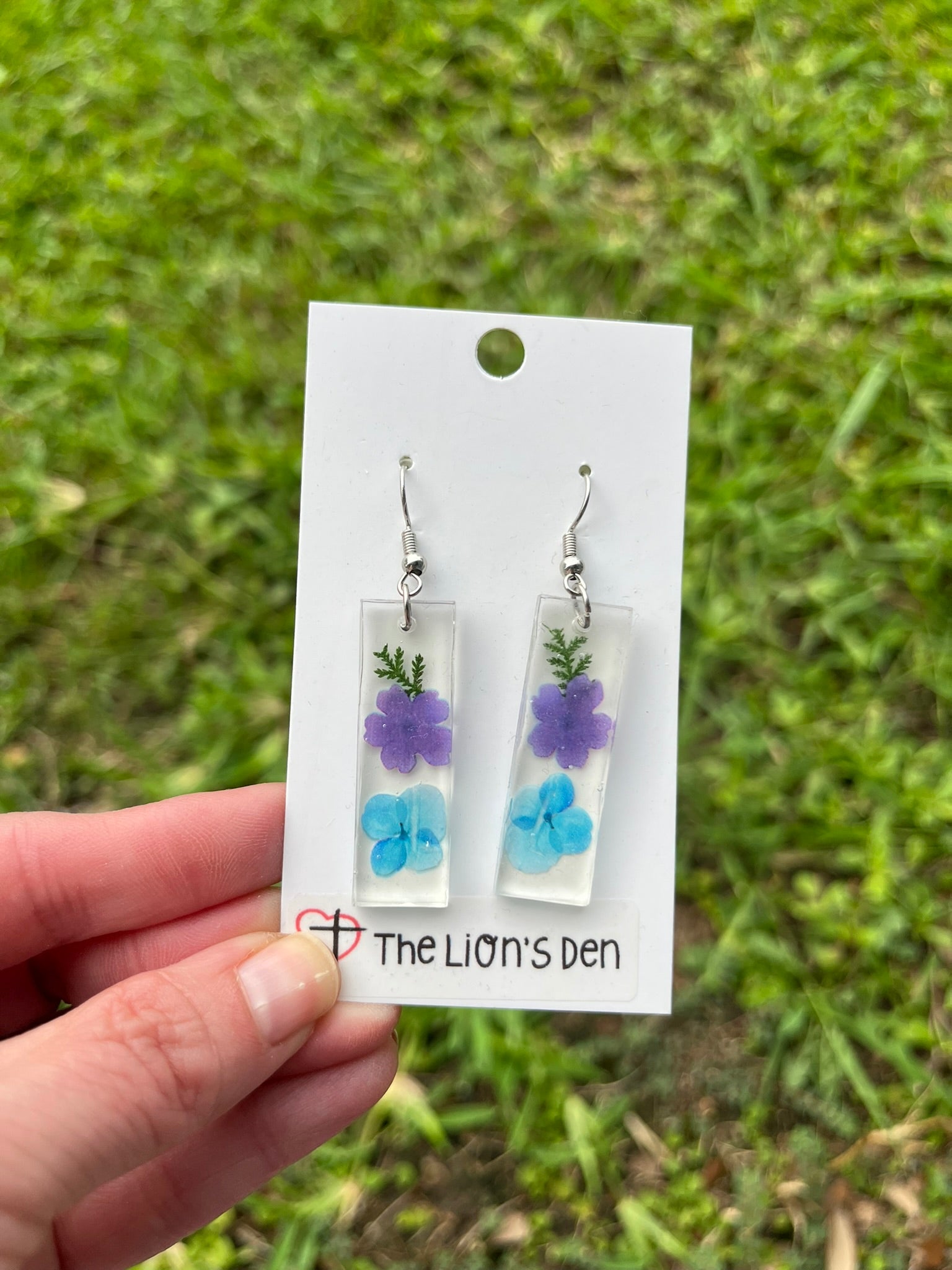 Blue and purple flower dangle earrings
